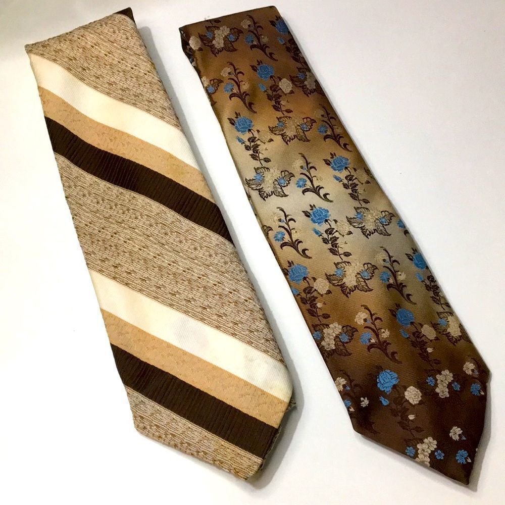 2 Vintage Men’s Neck Ties Retro Business Office Casual Tan Stripe & Brown Floral